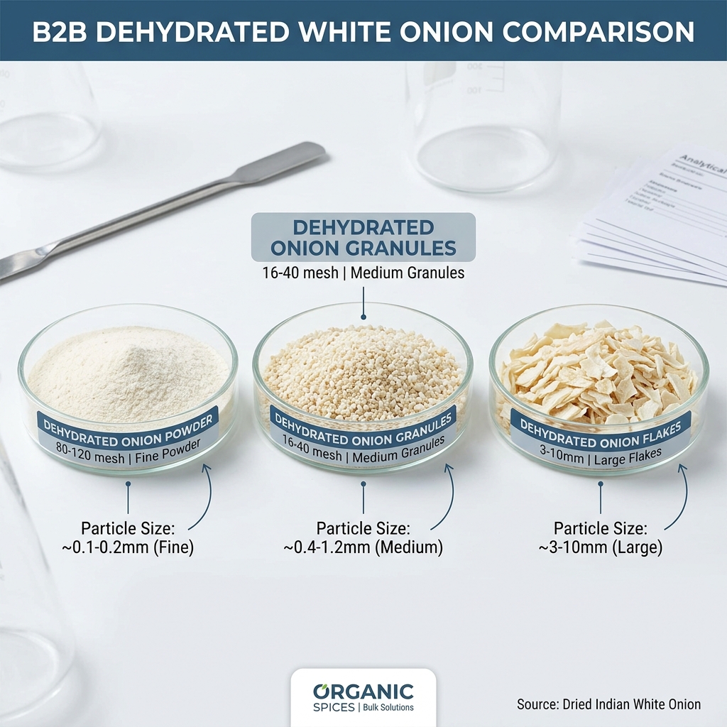 Particle size mesh breakdown and texture comparison between onion powder, granules, and flakes